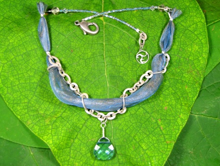 Necklace - Mystic, contains Allure crystal teardrop, blue ribbon and silver chain attached with silver wire, Swarovski crystal and Czech seed beads.