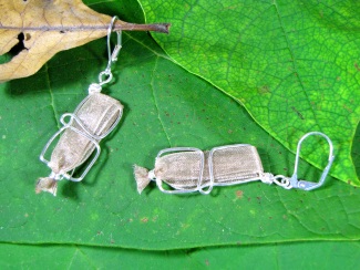 Earrings - Bronzite, shimmery bronze ribbon encased into handmade non-tarnish silver wire shaped earrings with surgical steel ear wires
