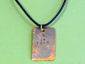 Necklace - I am love, personalized hand stamped dog tag on waxed black cotton cord.