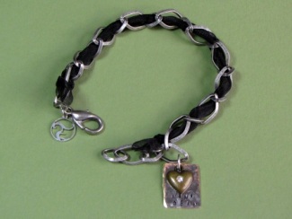 Bracelet - Nina Bean, black ribbon, sterling silver over brass chain and personalized tag.